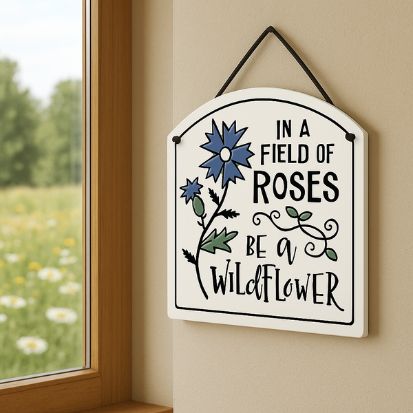 Ceramic wall tile with blue wildflower design and the quote ‘In a field of roses be a wildflower,’ hanging beside a window overlooking a sunny meadow.