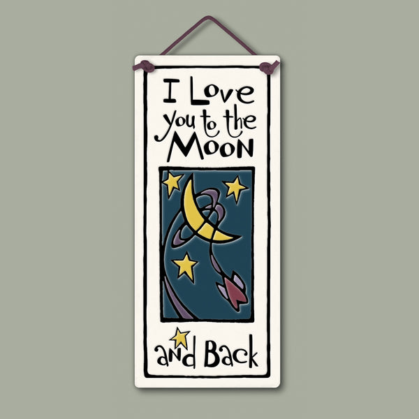 Spooner Creek small tall ceramic plaque with quote “I love you to the moon and back,” moon, stars, and rocket artwork in deep blue sky, handcrafted hanging décor, 2.75 x 6.75 inches.
