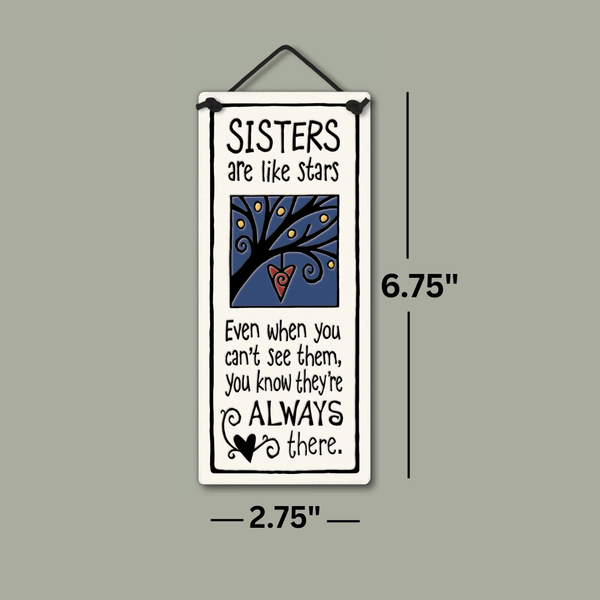 Spooner Creek small tall ceramic plaque Sisters Are Like Stars design with tree illustration, heart accent, and dimensions 2.75 x 6.75 inches for home décor.
