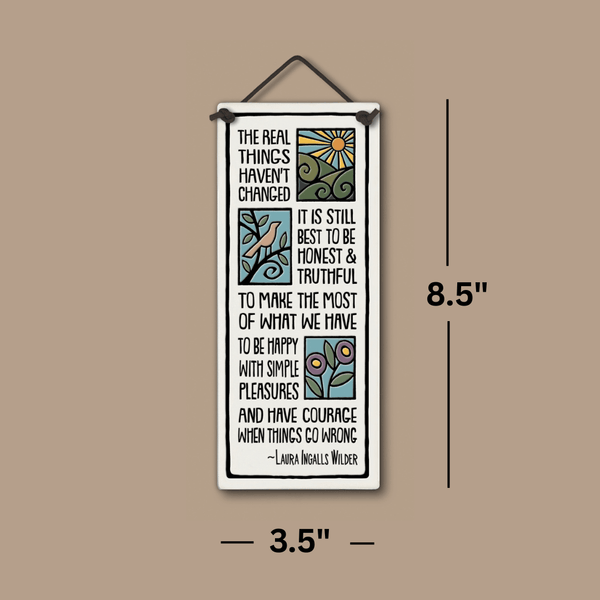 Spooner Creek ceramic tall tile featuring nature illustrations and the Laura Ingalls Wilder quote about honesty, simple pleasures, and courage, shown with dimensions 8.5 inches by 3.5 inches, handcrafted wall art for inspirational home décor.