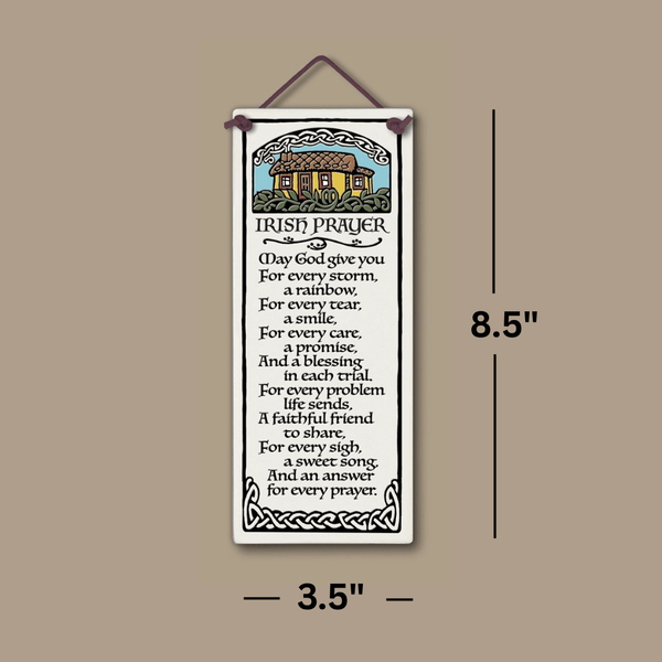 Handmade Spooner Creek large tall ceramic tile, 3.5 x 8.5 inches, featuring the Irish Prayer with a cottage illustration, shown on a neutral background with measurement labels for height and width.