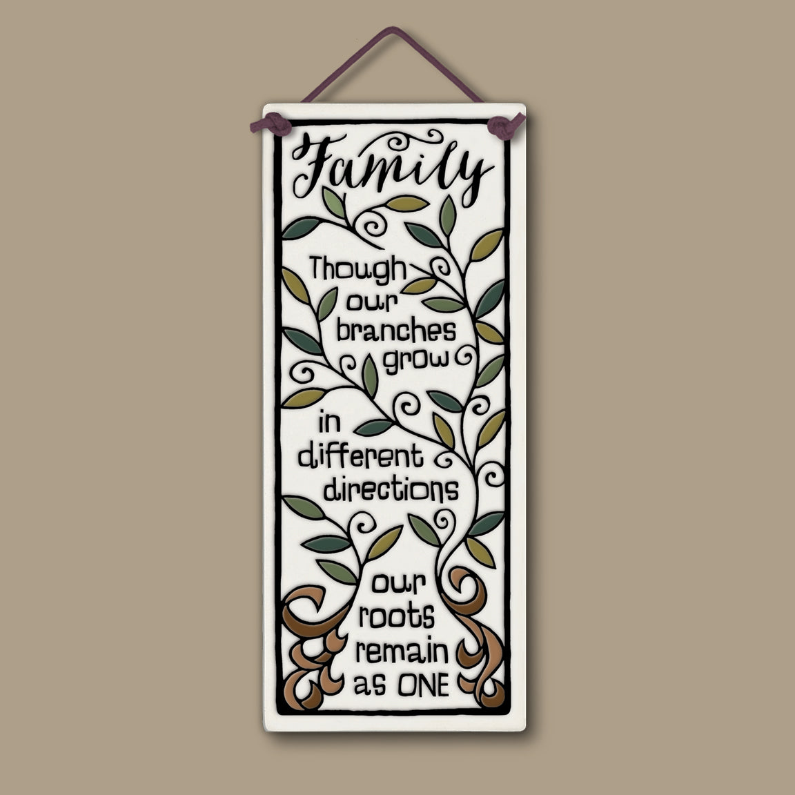 Spooner Creek tall ceramic tile with family quote, featuring a hand-glazed tree design with branches and roots, 3.5x8.5 décor wall hanging, handmade in the USA.