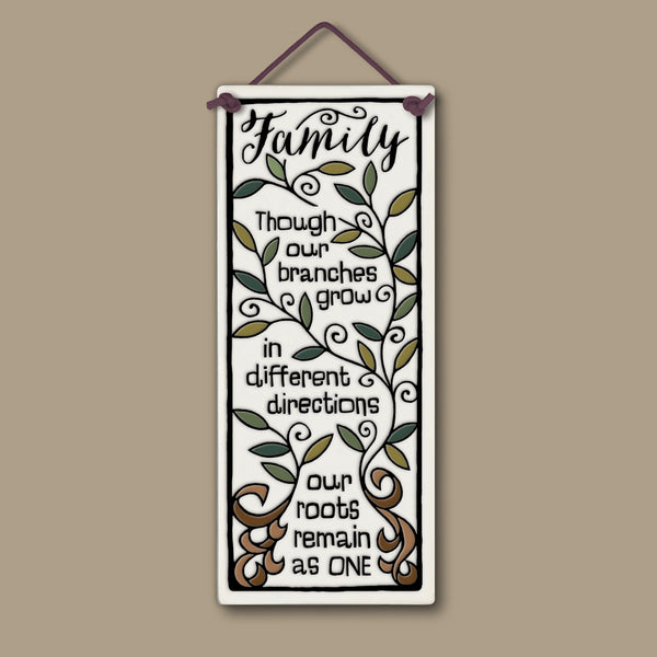 Spooner Creek tall ceramic tile with family quote, featuring a hand-glazed tree design with branches and roots, 3.5x8.5 décor wall hanging, handmade in the USA.