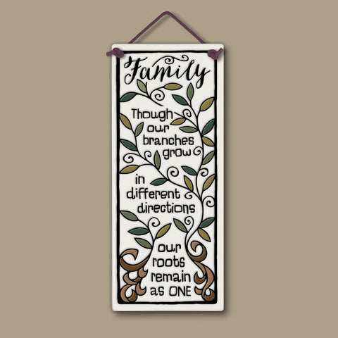 Spooner Creek tall ceramic tile with family quote, featuring a hand-glazed tree design with branches and roots, 3.5x8.5 décor wall hanging, handmade in the USA.