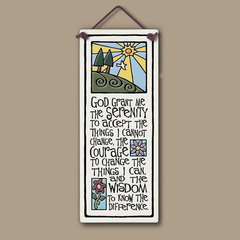 Spooner Creek ceramic tall tile with serenity prayer and sunrise illustration, handmade 3.5 x 8.5 inspirational wall art hanging with floral accents