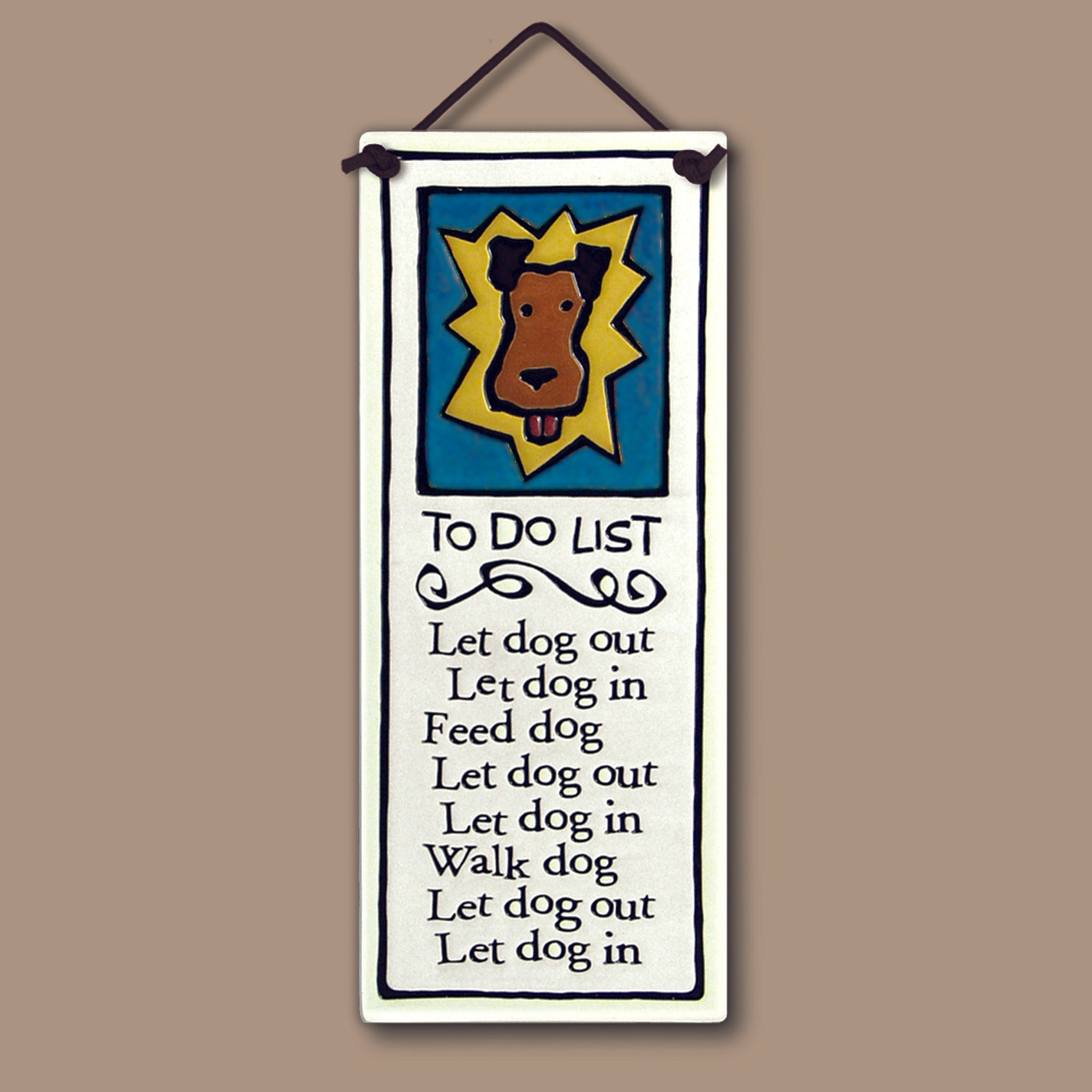 Spooner Creek ceramic wall tile featuring a whimsical dog illustration and humorous To Do List, handmade 3.5x8.5 inch tall tile with hanging cord for dog lovers.