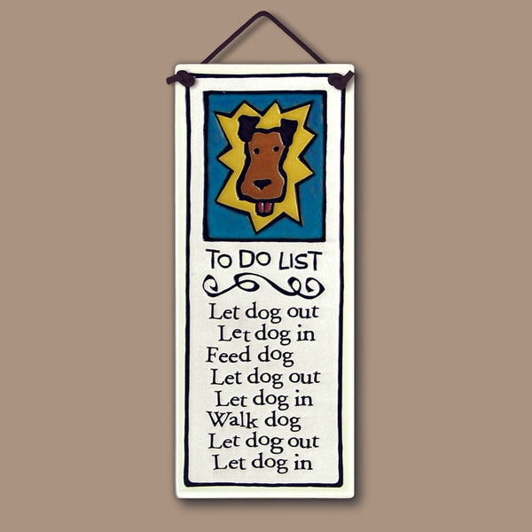 Spooner Creek ceramic wall tile featuring a whimsical dog illustration and humorous To Do List, handmade 3.5x8.5 inch tall tile with hanging cord for dog lovers.