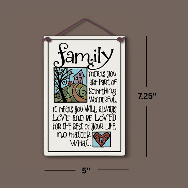 Spooner Creek large rectangle ceramic tile wall hanging with quote “Family means you are part of something wonderful… no matter what,” whimsical house, tree, and heart artwork, black hand-lettered text, dimensions shown 5 x 7.25 inches.