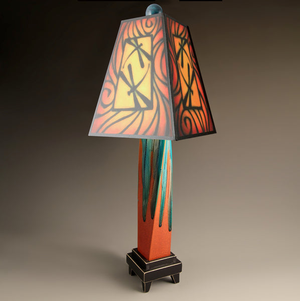 Brown Dragonfly handmade ceramic table lamp with twisted red extruded clay base, warm glowing dragonfly art shade in reds and gold by Michael Macone, made in Shell Lake Wisconsin