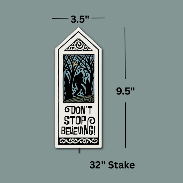 Ceramic Sasquatch garden tile stake dimensions showing 3.75 x 9.5 inch hand glazed outdoor tile with 32 inch metal stake, weatherproof Bigfoot garden decor