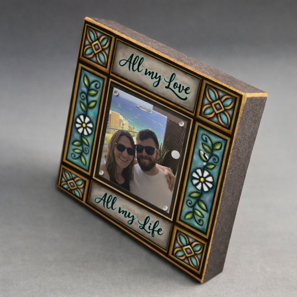 Corner detail of All my love All my life quote picture frame featuring textured Michael Macone artwork and decorative design elements