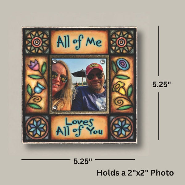 Romantic picture frame dimensions showing 5.25 x 5.25 size with 2x2 photo opening, small gift frame for couples