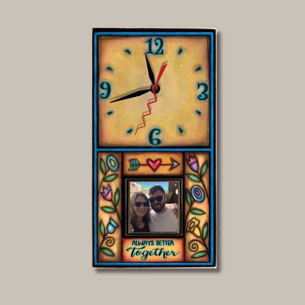 Always Better Together picture frame wood wall clock by Michael Macone with the quote Always Better Together, a golden face, and a 2 x 2 photo held by magnets