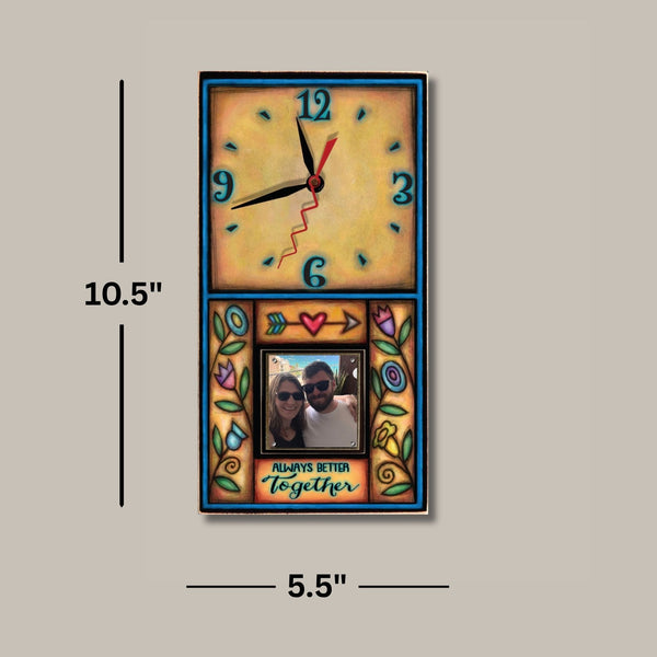 Anniversary gift picture frame wood wall clock dimensions, 10.5 x 5.5 inches, holds a 2 x 2 inch photo