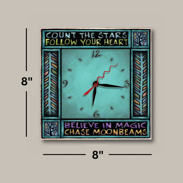 Believe in Magic square wood wall clock dimensions, 8 x 8 inches