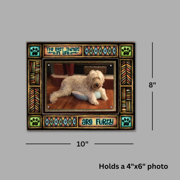 Pet picture frame showing 8 x 10 frame size with 4 x 6 photo opening and quote The best things in life are furry.