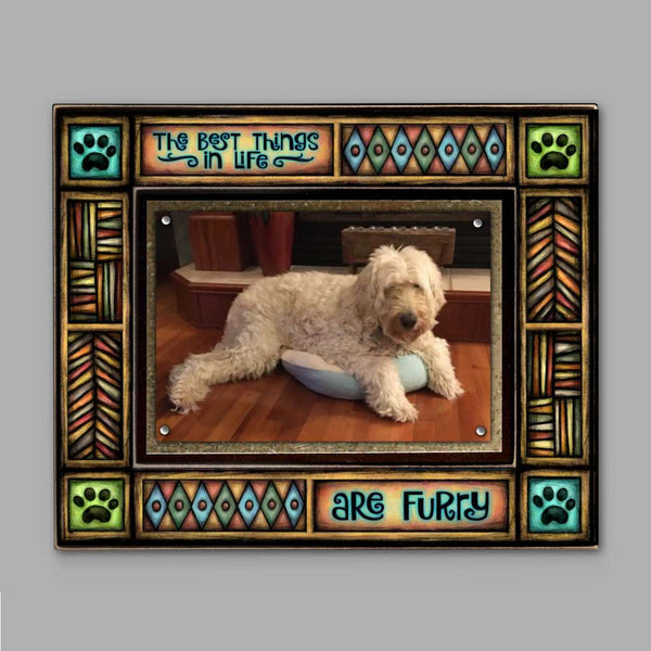 Pet picture frame featuring the quote The best things in life are furry with colorful Michael Macone artwork and a 4 x 6 pet photo.