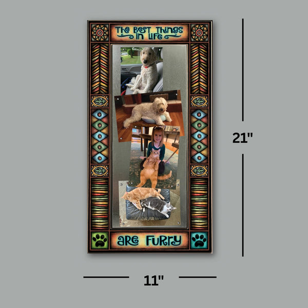 Large multi photo frame showing 11 x 21 frame size holding four 4 x 6 photos with quote The best things in life are furry.