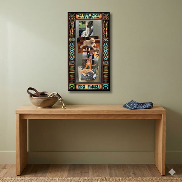 Large multi photo pet lover frame wall display featuring quote The best things in life are furry with colorful Michael Macone artwork.