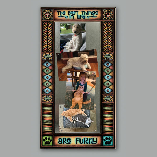 Large multi photo pet lover frame featuring the quote The best things in life are furry with colorful Michael Macone artwork holding four 4 x 6 pet photos.