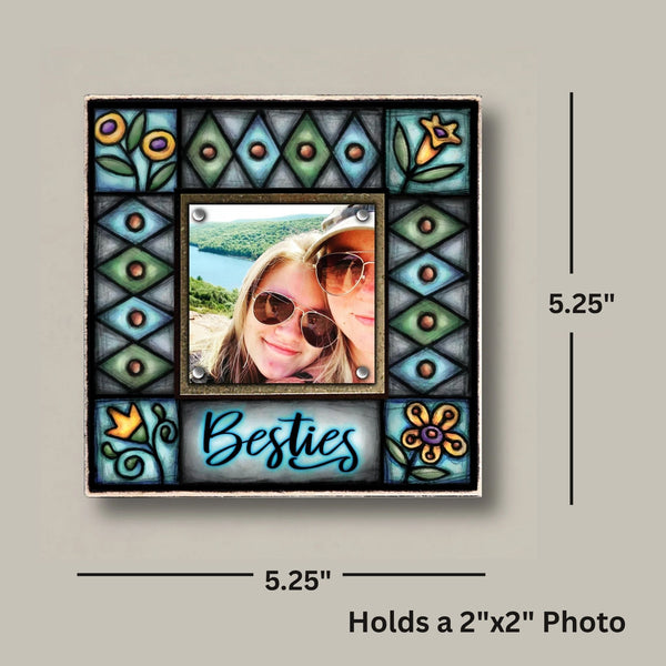 Besties picture frame dimensions showing 5.25 x 5.25 inch small square wood frame with 2 x 2 inch magnetic photo opening, handmade in Wisconsin