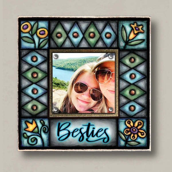 Besties best friend picture frame small square with Michael Macone artwork, magnetic photo display, and colorful stained glass inspired floral design, handmade in Wisconsin