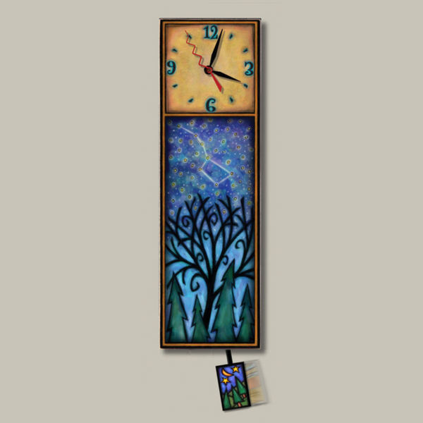 Big Dipper wood wall clock, a tall rectangular art clock with a starry night sky and pine tree design