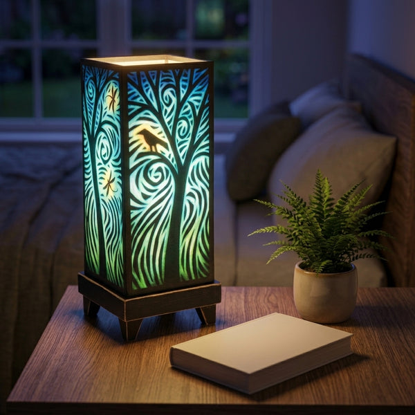 Bird Dragonfly mood lamp glowing on a bedroom nightstand