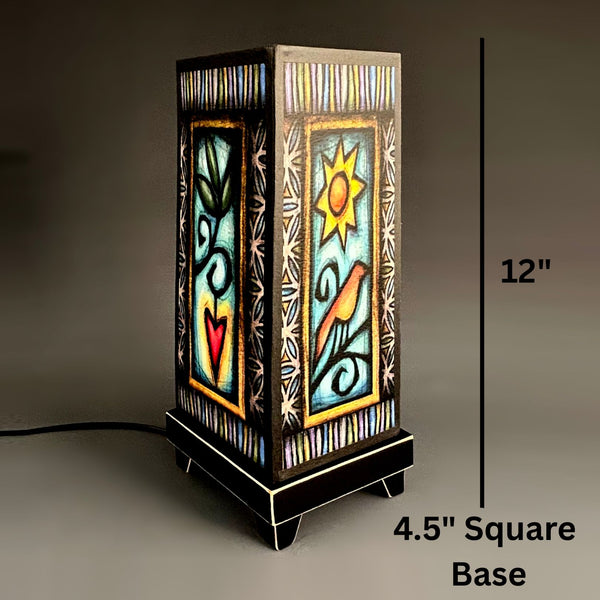 Bird Heart mood lamp dimensions, 12 inch height 4.5 inch base