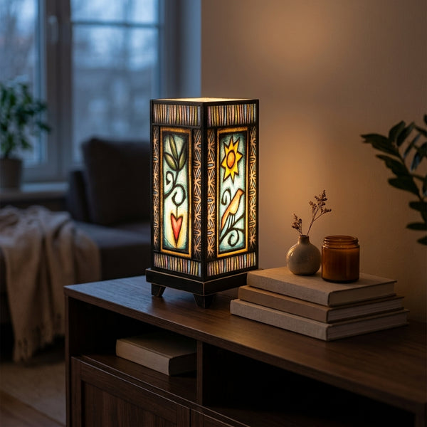 Bird Heart mood lamp glowing on a living room console table