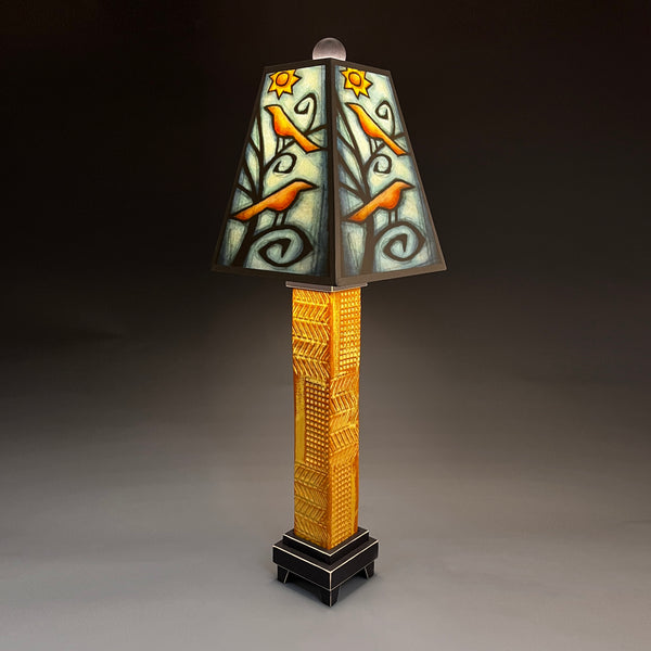 Birds in Tree handmade ceramic table lamp with brown stoneware base, nature art shade with orange birds and yellow suns by Michael Macone, made in Shell Lake Wisconsin