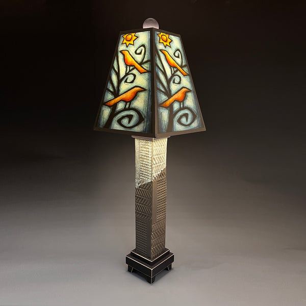Birds in Tree handmade ceramic table lamp with green stoneware base, glowing bird and tree art shade by Michael Macone, made in Shell Lake Wisconsin