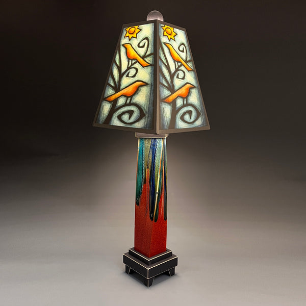 Birds in Tree handmade ceramic table lamp with twisted red extruded clay base, nature art lamp shade with birds and suns by Michael Macone, made in Shell Lake Wisconsin