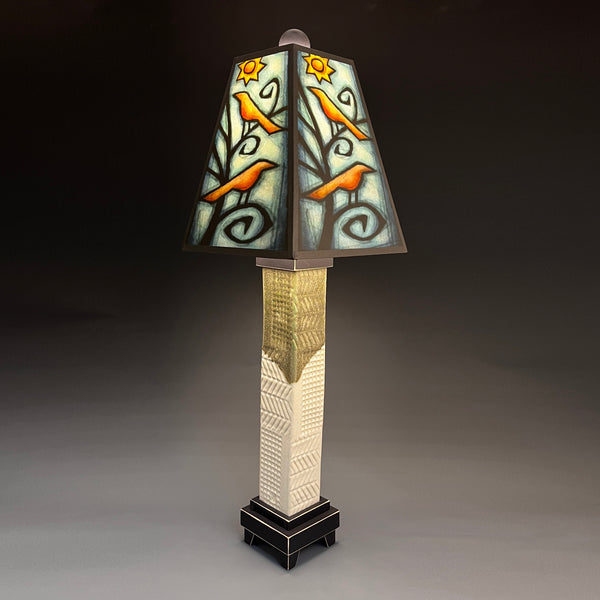 Birds in Tree handmade ceramic table lamp with white stoneware base, vivid bird and tree art shade by Michael Macone, made in Shell Lake Wisconsin