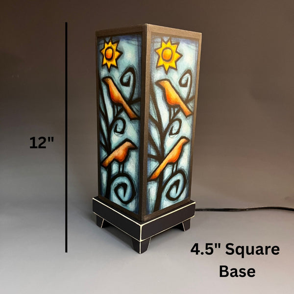 Birds in Tree mood lamp dimensions, 12 inch height 4.5 inch base
