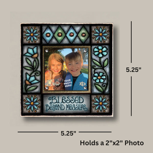 Blessed Beyond Measure quote family picture frame dimensions, small square picture frame with Michael Macone artwork and 2 x 2 photo opening