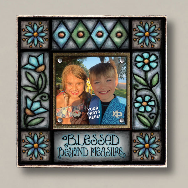 Family picture frame with Blessed Beyond Measure quote by Michael Macone, small square picture frame with magnetic photo display and floral artwork