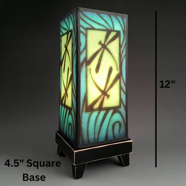 Blue Dragonfly mood lamp dimensions, 12 inch height 4.5 inch base