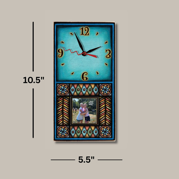 Blue Motif picture frame wood wall clock dimensions, 10.5 x 5.5 inches, holds a 2 x 2 inch photo