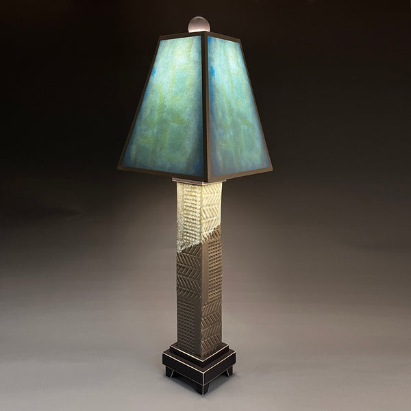 Blue Shade handmade ceramic table lamp with gray stoneware base, luminous aqua and teal glowing shade by Macone Clay, made in Shell Lake Wisconsin