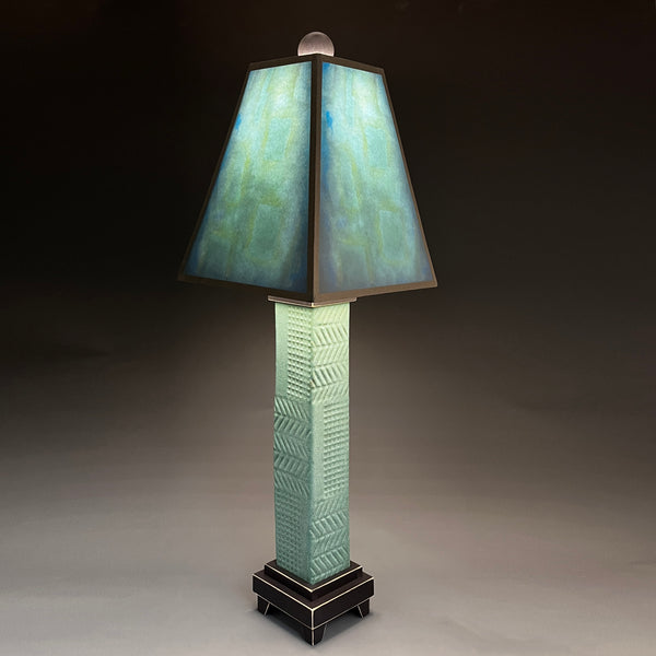Blue Shade handmade ceramic table lamp with green stoneware base, glowing aqua and teal shade by Macone Clay, made in Shell Lake Wisconsin