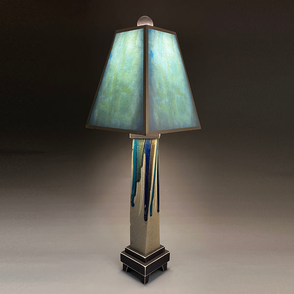  Blue Shade handmade ceramic table lamp with twisted gray extruded clay base, luminous aqua and teal glowing shade by Macone Clay, made in Shell Lake Wisconsin
