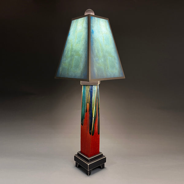 Blue Shade handmade ceramic table lamp with twisted red extruded clay base, glowing aqua and soft green shade by Macone Clay, made in Shell Lake Wisconsin