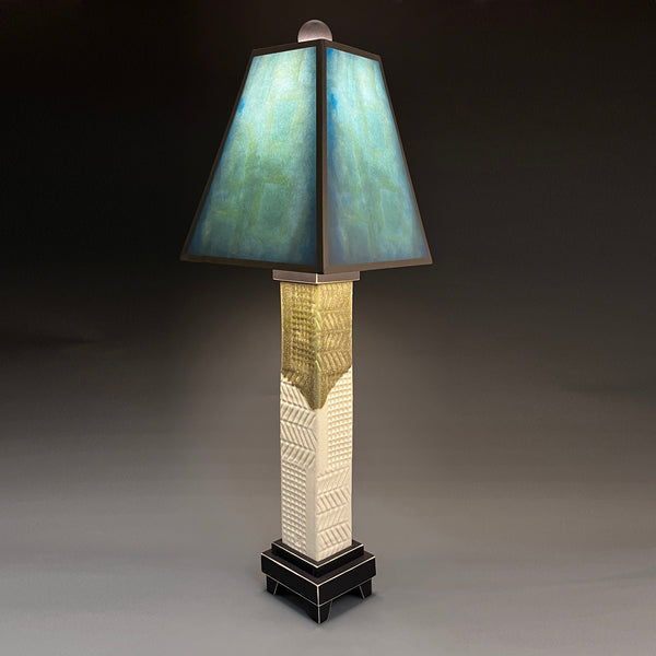 Blue Shade handmade ceramic table lamp with white stoneware base, luminous teal and aqua glowing shade by Macone Clay, made in Shell Lake Wisconsin