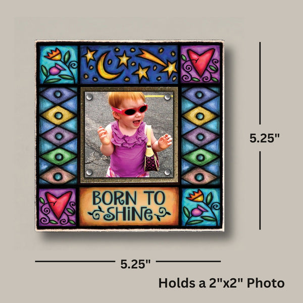 Born To Shine quote picture frame dimensions showing small square family picture frame with Michael Macone artwork and 2 x 2 photo opening