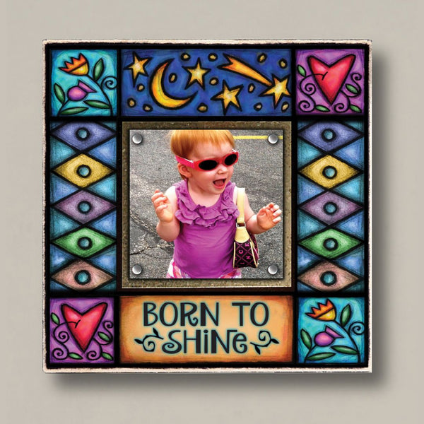 Family picture frame with Born To Shine quote, Michael Macone artwork, and magnetic photo display in a colorful small square design for child photos