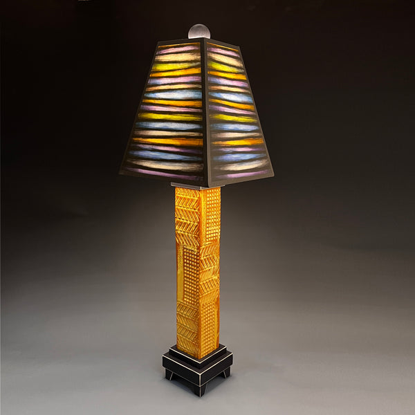  Bright Stripes handmade ceramic table lamp with brown stoneware base, bold multicolor striped art shade by Michael Macone, made in Shell Lake Wisconsin