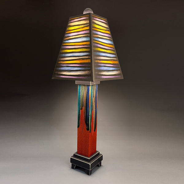 Bright Stripes handmade ceramic table lamp with straight red extruded clay base, bold multicolor art shade by Michael Macone, made in Shell Lake Wisconsin
