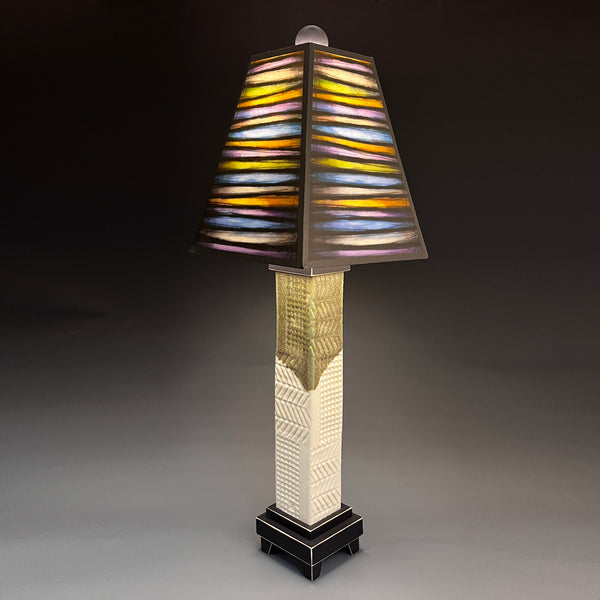 Bright Stripes handmade ceramic table lamp with white stoneware base, bold multicolor striped art shade by Michael Macone, made in Shell Lake Wisconsin