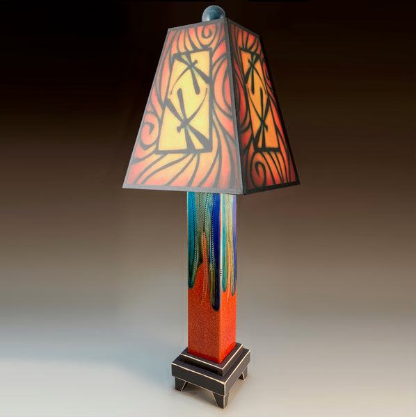  Brown Dragonfly handmade ceramic table lamp with straight red extruded clay base, bold warm dragonfly art shade by Michael Macone, made in Shell Lake Wisconsin
